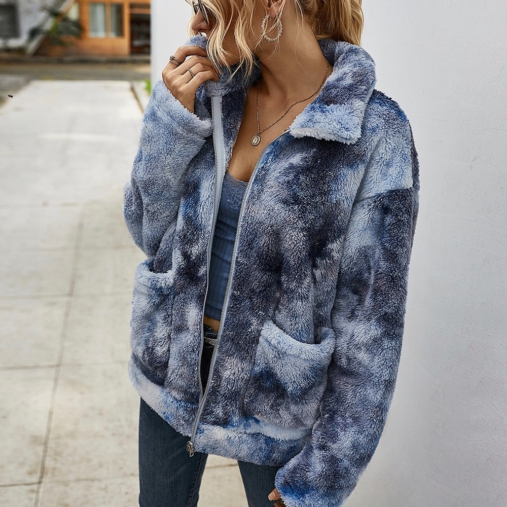 Soft Tie Dye Sherpa Fleece Jacket w/ Pockets Dark - Picture 3 of 7